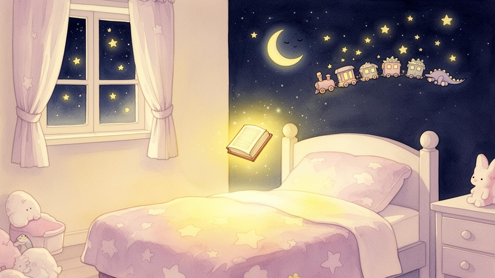 A cozy bedroom with a glowing book and moonlit dinosaur train
